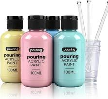 Spalvingas pastelinės serijos akrilinių dažų rinkinys, 3,34 oz/100 ml 4 spalvų buteliukai su puodeliais, lazdelėmis ir pirštinėmis, skysti, paruošti pilti dažai, puikiai tinkantys "pasidaryk pats" menų ir amatų projektams