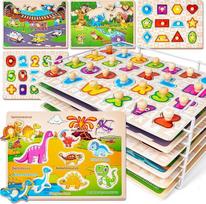 SYNARRY Kinder Holzpuzzle ab 1 2 3 Jahre, 6 Set Steckpuzzle für Babys Kleinkinder, Alphabet Nummer Tier Dinosaurier Fahrzeuge Montessori Lernspielzeug Geschenke