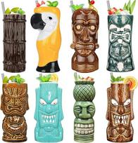 Tiki taurių rinkinys, 8 dalių kokteilių taurių rinkinys, spalvingos keraminės kokteilių taurės, kūrybiškas Havajų šalių taurių dekoravimas egzotiškiems vakarėliams, baro gėrimų indai, kokteilių taurės