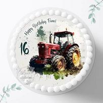 Tortenaufleger "roter Traktor" zum Geburtstag, personalisierbar mit Alter und Name, Fondant zum Geburtstag, ⌀20cm Zuckerbild für Kinder, Landwirtschaft Trecker, Foto für Torten 3058_rot