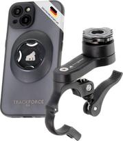 TRACKFORCE 360° mobiliojo telefono laikiklis "iPhone 16" su vibracijos amortizatoriumi motociklui, dviračiui ir el. motoroleriui - apima mobiliojo telefono dėklą ir galinį tvirtinimą - lengvai ir greitai montuojamas - visiems vairams