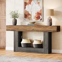 Tribesigns Console Table 63 colių ilgio 2 pakopų įėjimo stalas Sofos stalas su saugykla Ūkio mediena už kavos staliuko gyvenamojo kambario prieškambaryje (kaimiška ruda ir pilka)
