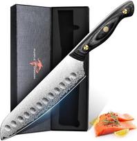 Violetinis Dragon Damask Santoku peilis - virtuvinis peilis su VG10 šerdimi ir medine rankena - rankomis kaltas virėjo peilis mėsai, daržovėms - dovana vyrams ir moterims