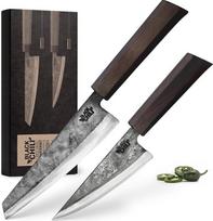 Virtuvinių peilių rinkinys (2 dalys) | Santoku peilis ir daržovių peilis su ebonito rankena | 13 ir 17 cm ilgio anglinio plieno geležtė | Virtuvės peilis mėsai ir daržovėms | Habanero-17 ir JALAPENO-13