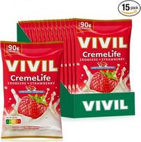 VIVIL Creme Life Strawberry, 15 maišelių, vaisių ir braškių skonio saldainiai su grietinėle, be cukraus ir glitimo, 15 x 90 g