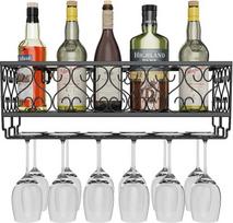 W-611 Metalinis juodas sieninis pakabinamas vyno, šampano taurių, taurių ir taurių laikiklis, 50 x 20 cm, iki 12 butelių vyno ir 12 taurių taurių laikiklis
