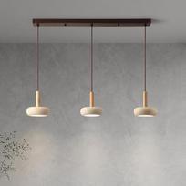 Wabi Sabi 3 flammig LED Pendelleuchte Japanischer Lampe Gelbem Travertin Küchenlampe Holz Deckenlampe Höhe Verstellbar Esszimmerlampe Moderne Lampen für Wohnzimmer Esszimmer Küche Holzstab