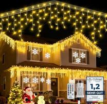 WOWDSGN LED Icicle pasakų žibintai lauke, 20 m 605 LED pasakų žibintai lauke Kalėdos su laikmačiu, 8 režimai IP44 atsparus vandeniui, šviesos užuolaida lauke Kalėdų dekoracijos lauke vidaus patalpose balkone šalis karnizo šilta balta