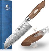 XINZUO 18,5 cm "Santoku" peilis japoniškas AUS-10 Damasko plienas, kalto paviršiaus virtuvės peilis Profesionalus virėjo peilis, rankomis kaltas daugiafunkcis virėjo peilis su juoda riešutmedžio rankena