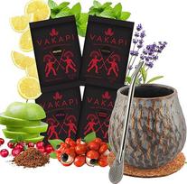 Yerba Mate rinkinys Keraminis puodelis "Mate" 400 ml su nerūdijančio plieno puodeliu "Bombilla" 19 cm - 4 x Yerba Mate Vakapi arbata po 50 g su guarana, vaisiais, kakava ir kriauše - Mate arbatos rinkinys (medaus korys, 200 g)