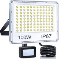 YIQIBRO 100 W LED prožektorius su judesio jutikliu lauke, 10000 LM LED prožektorius su judesio jutikliu lauke, 7000 K vėsios baltos spalvos lauko prožektorius, IP67 vandeniui atsparus žibintas sandėliui, sodui, garažui