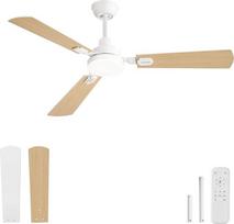 ZMISHIBO 132 cm lubų ventiliatorius su LED apšvietimu, nuotolinio valdymo pultas, vidaus/ lauko, 3 šviesos spalvos, tylus reversinis nuolatinės srovės variklis, baltos/šviesaus medžio spalvos mentės
