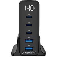 Gembird Lādētājs Gembird 5-port 140W GaN USB Fast Charger Black QC 3.0 PD TA-UC-2A3C-PD140-01-BK