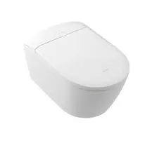 Pakabinamas tualetas puodas su bidė Villeroy & Boch ViClean, elektroninis, DirectFlush, CeramicPlus, SoftClose, reguliuojama vandens temperatūra ir slėgis, automatinis purkštuko valymas, nuotolinio valdymo pultas, duroplastinė sėdynė, Quaryl dangtelis, 42