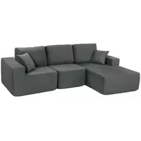 Modulinė kampinė sofa, L formos sofa-lova su gilia sėdimąja dalimi, plačiomis atramomis rankoms, 2 pagalvėlėmis, tamsiai pilka