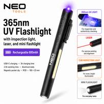 Ultravioletinė 365nm žibintuvėlis su patikros lempa, lazeriu ir žibintuvėliu | Įkraunamas 800mAh