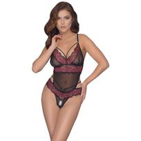 Bodis su atvira tarpkoje - Cottelli LINGERIE, gėlių nėriniai, powernet, L/XL, juodas/raudonas
