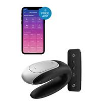 Porų vibratorius SATISFYER DOUBLE FUN, U formos, su programėle ir pulteliu, juodas