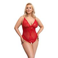 Bodis su atvira tarpkoje Cottelli CURVES 2XL, raudonas, permatomas, su nėriniais