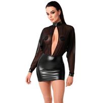 Mini suknelė Noir Orgia S su permatoma tiulio dalimi ir powerwetlook sijonu, juoda