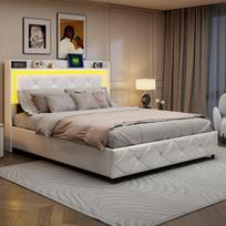Lova 140 x 200 cm, su USB įkrovimo prievadu ir LED apšvietimu, tinka paaugliams ir suaugusiesiems, balta, PU