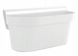 Balta plastikinė balkono gėlių dėžė 50 cm, kabinama ant turėklų, 50 cm