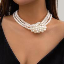 Wind retro splicing small fragrant wind knotted multi-layer imitation pearl necklace female French beaded collarbone chain choker See details