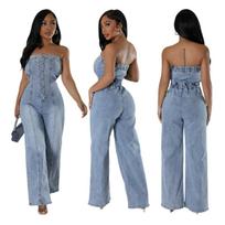 European & American Fashion Sleeveless Backless Straight-Leg Denim Jumpsuit for Women Small mėlyna