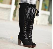 Lady Boots Rock Shoes Woman Sexy Thigh High Heels High Sexy Lace Up Clogs Platform Round Toe Luxury Designer Ladies  Women 35 juoda