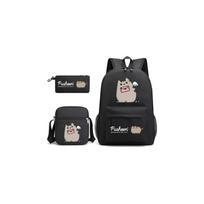 (black) Pusheen 3pcs Sets Backpack Mochila Kids Capacity Bags juoda