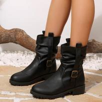 Retro Women Outdoor Fashion Mid-calf Boots Round Head New Winter Leather Boots Fashion Women's Large Size Shoes Zapatos De Mujer 36