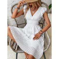 Fashion White Hollow Lace Midi Dresses Women Summer V Neck Ruffle Sleeve Dress Elegant Office Lady Casual Beach Holiday Sundres XS