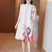 Wrinkled new retro loose fitting slimming mid length printed ins dress L