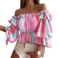 Off Shoulder Multi-layer Top Colorful Pleated Ladies Flare Sleeve Shirt for Dating S