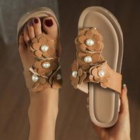 Women's Plus Size Floral Platform Flip Flop Sandals, Carved Studded Chunky Heel Summer Shoes 36 šviesiai ruda spalva