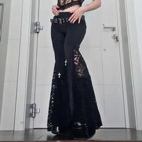 „Goth Mall Flare“ kelnės Seksualios juodos nėrinės, aukšto juosmens vintažinės Harajuku hipių punk grungės gatvės aprangos Y2k kelnės S juoda