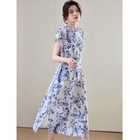 ORIGIN Chinese Style Blue & White Porcelain Midi Dress L