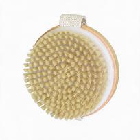 Natural Pig Bristle Body Brush with Lotus Wood Head and Soft Massage Beads for Dry Brushing and Shower Scrub. beige