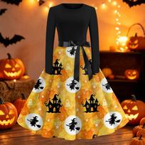 Women's Casual Long Sleeve Fit and Flare Dress Round Neck Halloween Print Full Skirt Midi Dress with Waist Tie for Everyday Wear XXXL oranžinė