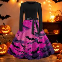 Women's Casual Long Sleeve Fit and Flare Dress Round Neck Halloween Print Full Skirt Midi Dress with Waist Tie Belt S