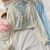 Careful Machine Short Bow Tie with Fungus Edge Small Shawl Female Loose Long-sleeved All-match Sunscreen Shirt Cardigan S abrikosas