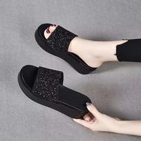 Summer Women's Slope Heel One Character Temperament Rhinestone Casual Fashion Casual Wear Trendy High-heeled Women's Shoes 40 juoda