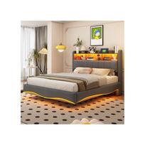 Sieninė lova - MUVOE - 140x200 - Pilkas lino audinys - Sandėliavimas su LED apšvietimu - USB ir C tipo jungtys pilka
