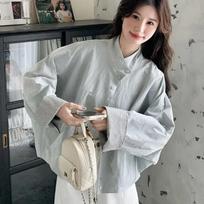 Women's Light Blue Stand Collar Oversized Jacket Button Down Contrast Cuff Casual Loose Fit Outerwear S mėlyna