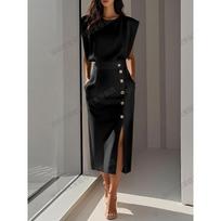 Fashion royal sister style solid color round neck waist split metal buttons summer dress women S juoda