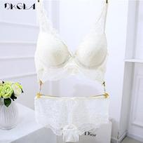 DKGEA Push Up Bra Sexy Women Nėriniuoto apatinio trikotažo rinkinys Storas liemenėlis 70C smėlis
