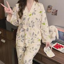 Women's Kimono Pajama Set: Cute Japanese Style V-Neck Cardigan with Long Sleeves and Trousers, Perfect for Spring and Autumn Home Wear. XXL
