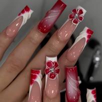 Press on Nails Long Square Fake Nails  Acrylic Glossy False Nails with 3D Flower Designs Reusable Full Cover Artificial Nail Supplies for Women 24Pcs