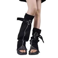 Denims Black Leg Warmers for Women Punk Buckled Strap Harajuku Jeans Boot Covers Split Zippers Long Socks Streetwear 1 juoda