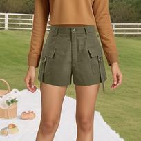 Women's Shorts, Fashionable Solid Color Casual Straight Tube Loose Trendy Pocket Workwear Pants M armijos žalia spalva